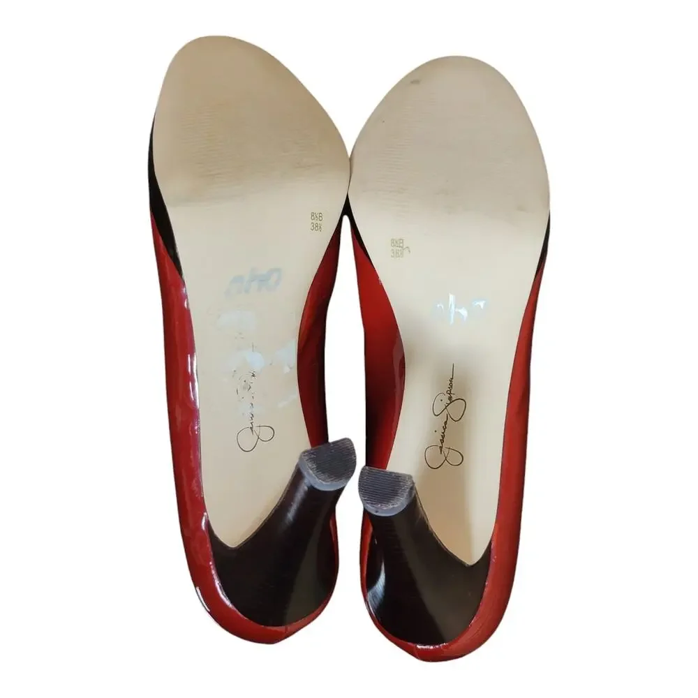 Jessica Simpson Red Patent Leather Round Toe Platform Wood Heels Stelletto Pumps